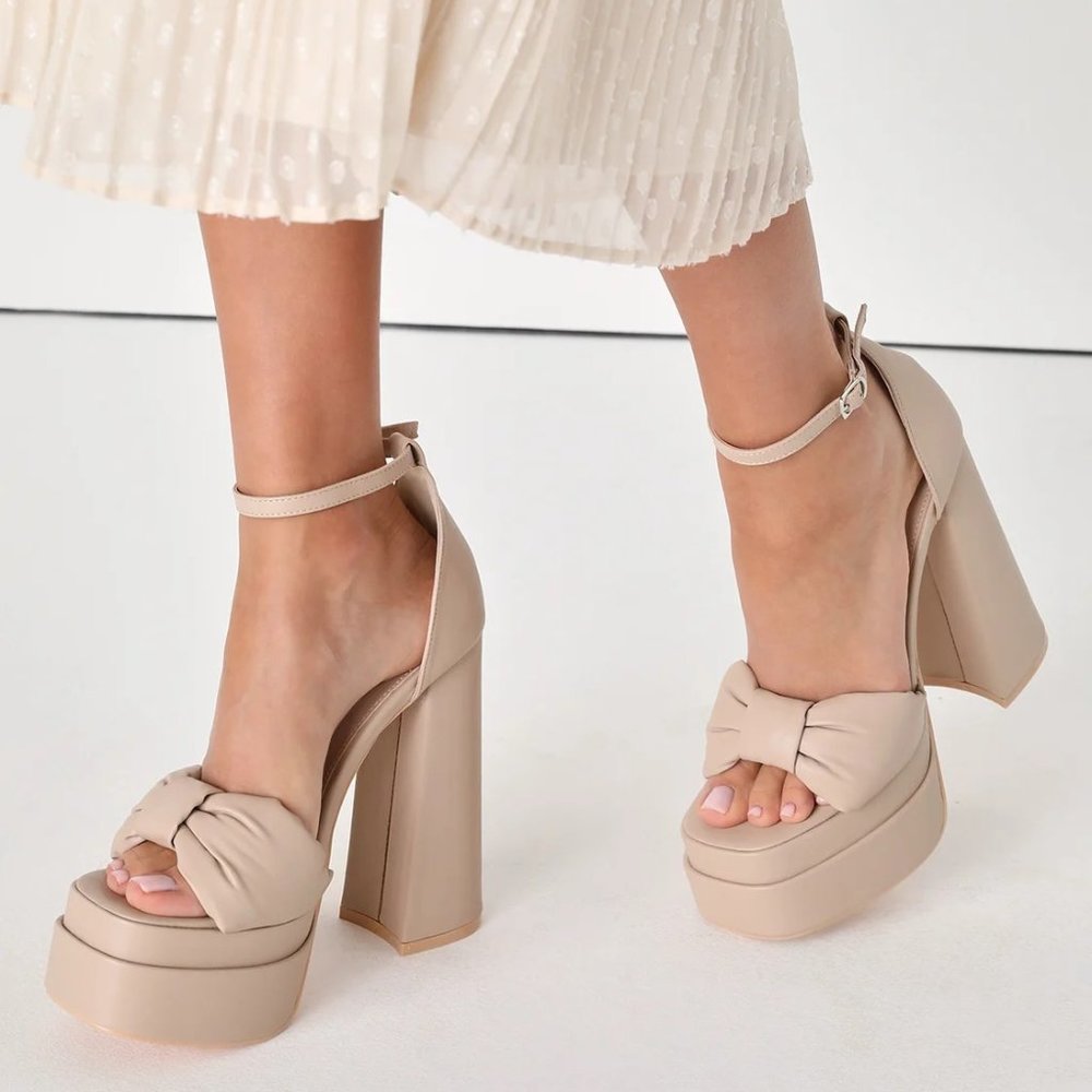Arleena Light Nude Bow Double Platform High Heel Sandals